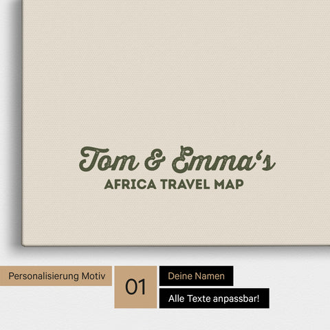 Afrika-Karte als Pinnwand Leinwand in Dunkelgrün mit Personalisierung und Eindruck von deinen Namen