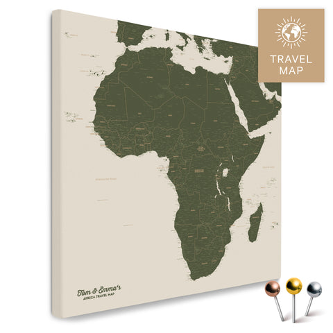 Afrika-Karte in Dunkelgrün als Pinn-Leinwand, perfekt zum Markieren und Planen von Reisen, hier kaufen