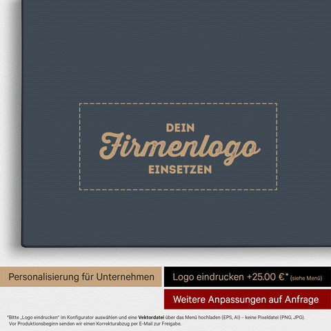 Afrika-Karte als Pinn-Leinwand in Hale Navy (Dunkelblau-Gold), auf die ein Firmenlogo eingedruckt werden kann und weitere Individualisierungen als Sonderanfertigung vorgenommen werden können