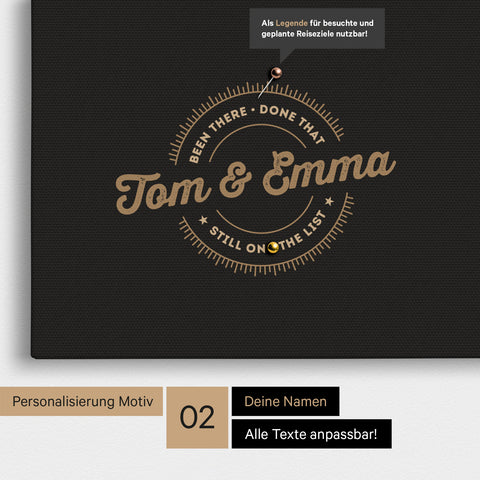 Personalisierte Afrika-Karte als Pinn-Leinwand in Sonar Black (Schwarz-Gold) mit eingedruckten Namen und einer Legende zur Markierung von besuchten Orten