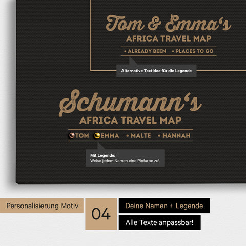 Pinnwand Leinwand einer Afrika-Karte in Sonar Black (Schwarz-Gold) mit Personalisierung als Logo mit Familiennamen und Legende