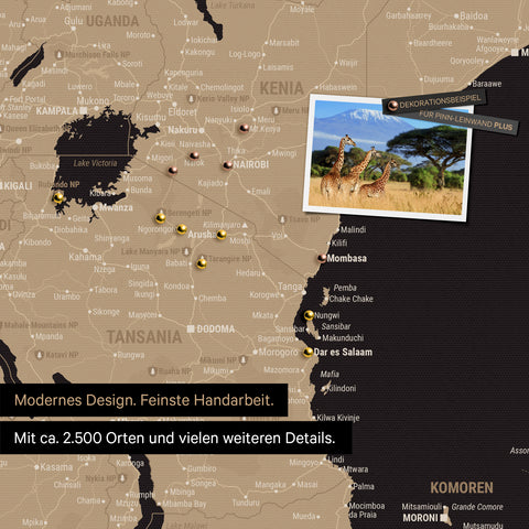 Detailreiche Afrika-Karte als Pinnwand in Sonar Black (Schwarz-Gold) zur Markierung von 2.500 Reisezielen in Tansania, Kenia und vielen anderen afrikanischen Ländern – ideal für die Markierung vergangener Reisen und zukünftiger Reisepläne