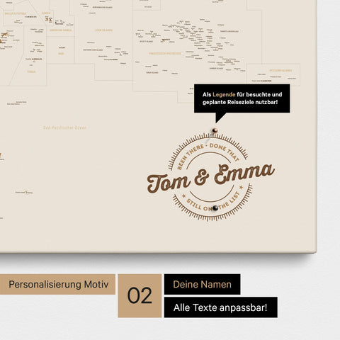 Personalisierte Australien-Karte als Pinn-Leinwand in Farbe Bronze mit eingedruckten Namen und einer Legende zur Markierung von besuchten Orten