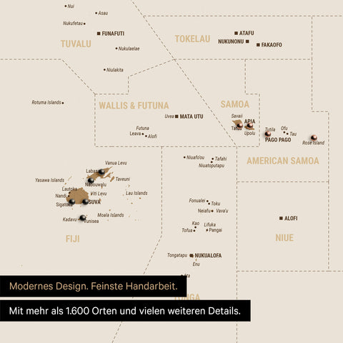 Sehr detaillierte Landkarte von Ozeanien in Farbe Bronze mit allen Inseln und Atollen in der Südsee