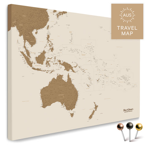 Landkarte von Australien und Ozeanien in Farbe Bronze als Pinnwand Leinwand zum Pinnen und Markieren von Reisezielen
