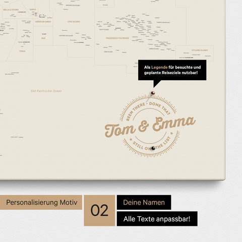 Personalisierte Australien-Karte als Pinn-Leinwand in Farbe Gold mit eingedruckten Namen und einer Legende zur Markierung von besuchten Orten