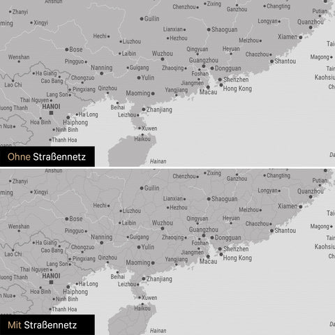 Vergleich einer Australien-Karte in Farbe Hellgrau mit und ohne Straßennetz