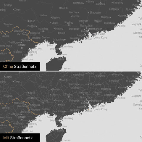 Vergleich einer Australien-Karte in Farbe Light Gray mit und ohne Straßennetz