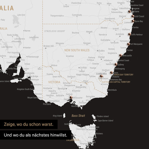 Ausschnitt einer Landkarte von Australien in Farbe Schwarz-Weiß mit Pins zur Markierung von besuchten Reisezielen