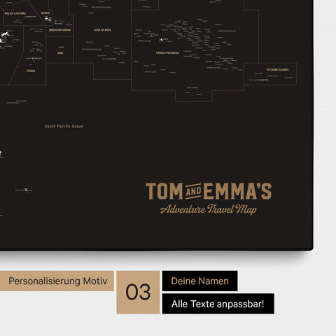 Karte von Australien und Ozeanien in Farbe Sonar Black (Schwarz-Gold) als Leinwand zum Pinnen mit einer optionalen Personalisierung