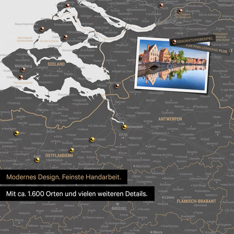 Benelux-Landkarte in Light Gray als Leinwand zum Pinnen zeigt einen Ausschnitt von Seeland, Ostflandern und Antwerpen mit vielen Details wie Nationalparks, Flüssen und zahlreichen kleinen Orten und Städten, die teilweise mit Pins markiert sind