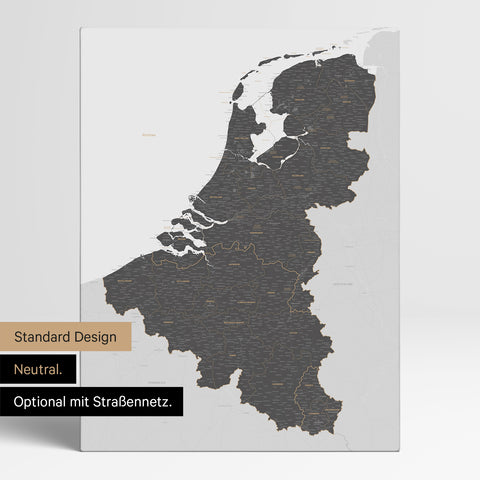 Neutrale Standard Ausführung der detaillierten Benelux-Karte als Pinnwand Leinwand in Light Gray ohne Personalisierung