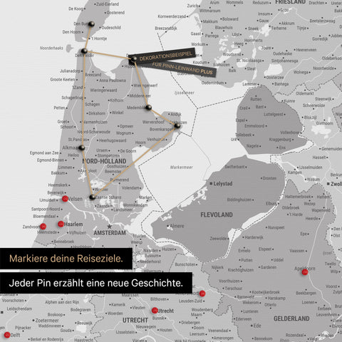 Moderne Benelux-Landkarte in der Farbe Multicolor Grau als Pinn-Leinwand zeigt einen Ausschnitt von Nord-Holland und Utrecht, in der bereits besuchte Reiseziele durch Pins markiert sind