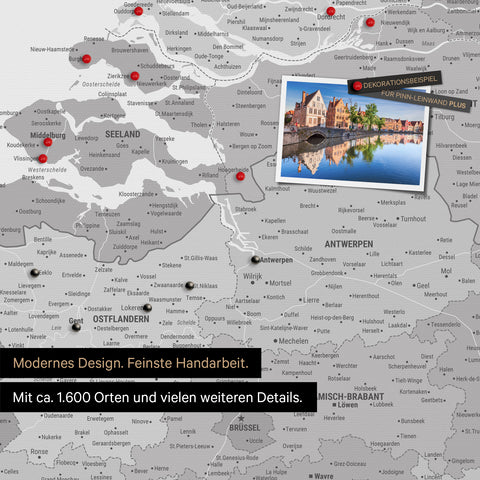 Benelux-Landkarte in Multicolor Grau als Leinwand zum Pinnen zeigt einen Ausschnitt von Seeland, Ostflandern und Antwerpen mit vielen Details wie Nationalparks, Flüssen und zahlreichen kleinen Orten und Städten, die teilweise mit Pins markiert sind