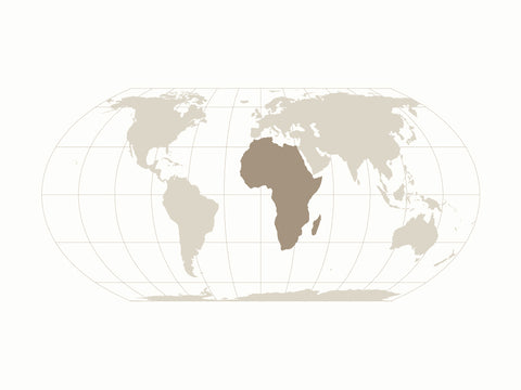 Grafik einer Equal-Earth-Projektion von Breuers Weltkarten. Afrika ist farblich hervorgehoben, um die Proportionen dieser Projektion hervorzuheben.