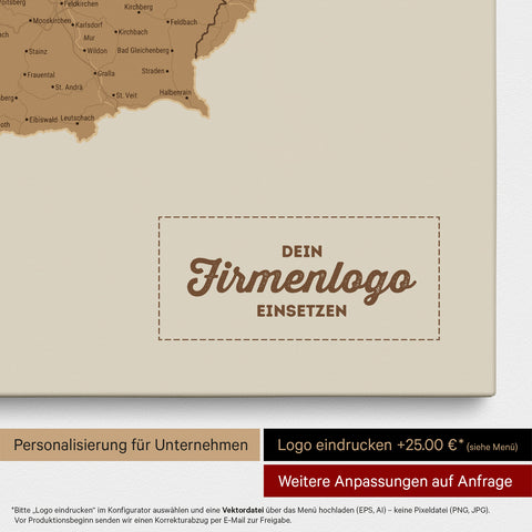 DACH-Karte als Pinn-Leinwand in Bronze mit Eindruck eines Firmenlogos