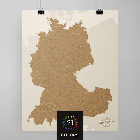 DACH Landkarte in 18 verschiedenen Farben als Poster zum Pinnen und Markieren von Reisezielen