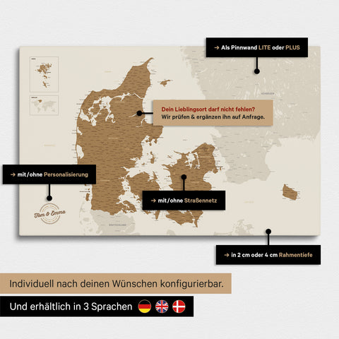 Forskellige konfigurationsmuligheder for et Danmarkskort som Lærred til nåle i farven bronze