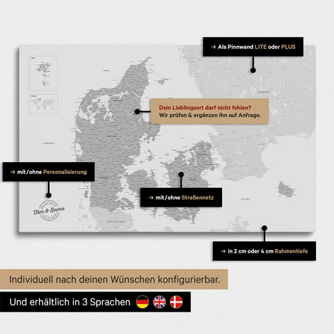 Mange konfigurationsmuligheder for et Danmarkskort som Lærred til nåle i farven Coolgray