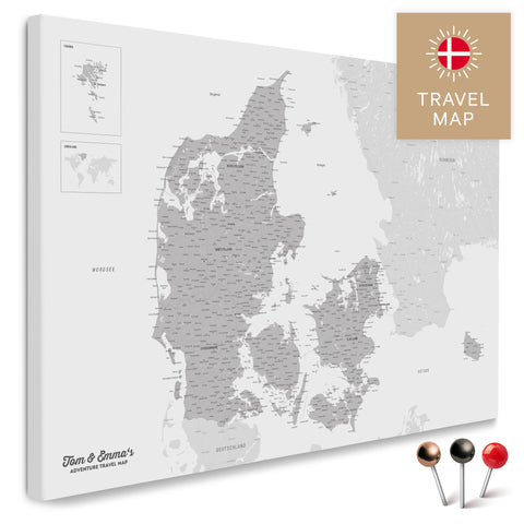 Køb Danmarkskort på lærred til nåle i Coolgray med meget høj detaljeringsgrad til markering af steder og rejsedestinationer