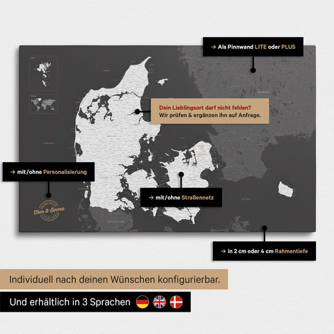 Diverse configuration options for a Denmark map as a dark gray Push Pin Map
