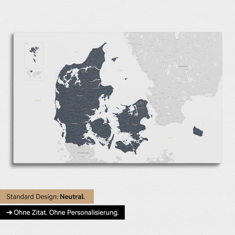 Neutral version of a Denmark map as a Push Pin Map in Denim Blue