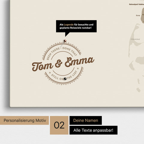 Personalized Denmark map as a Push Pin Map in Desert Sand with printed names and a legend for marking visited places
