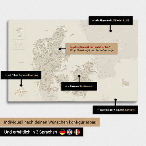 Forskellige konfigurationsmuligheder for et Danmarkskort som Lærred til nåle i farven guld