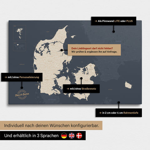 Forskellige konfigurationsmuligheder for et Danmarkskort som Lærred til nåle i farven Hale Navy
