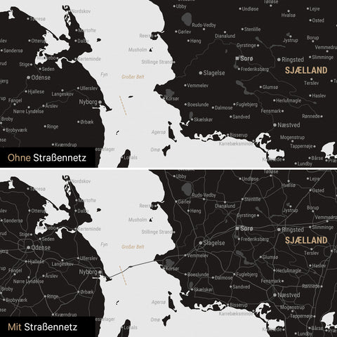 Denmark Map Push Pin Map in Light Black with an optional printed road network of motorways and country roads