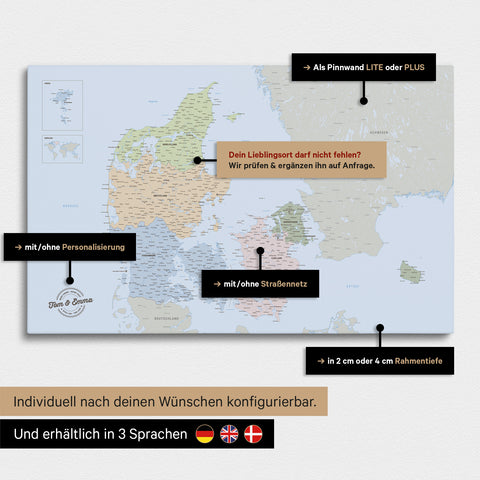 Mange konfigurationsmuligheder for et politisk Danmarkskort som lærred til nåle i farven Multicolor Atlas