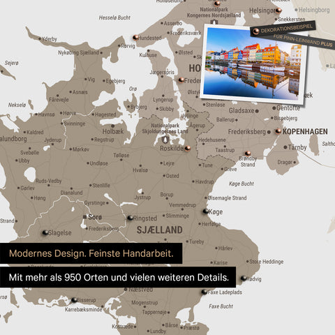 Detail of a Denmark map Push Pin Map in Multicolor Beige showing travel destinations around Copenhagen marked with pins