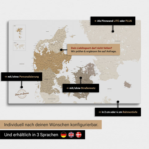 Diverse configuration options for a Denmark map as a Push Pin Map in Multicolor Beige