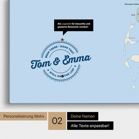 Personalized map of Denmark as a Push Pin Map in Multicolor Classic with printed names and a legend for marking visited places