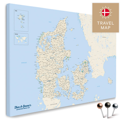 Køb Danmarkskort i flerfarvet klassisk lærred til nåle med meget høj detaljeringsgrad til markering af steder og rejsedestinationer