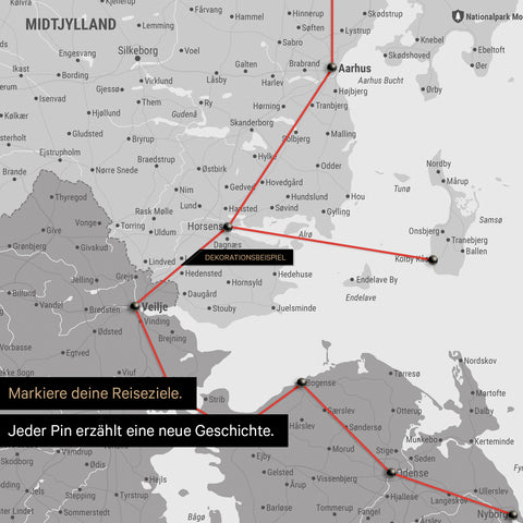 Detailed map of Denmark as a pinboard canvas in Multicolor Gray, with travel destinations in Central Jutland marked with pins and a travel route depicted with thread