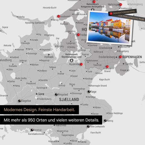 Close-up of a Denmark map Push Pin Map in Multicolor Gray showing travel destinations around Copenhagen marked with pins