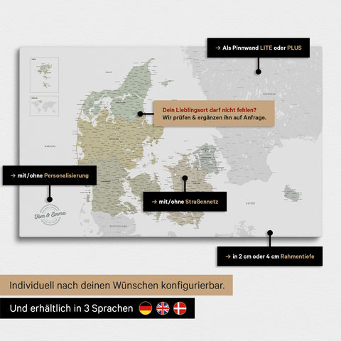Diverse configuration options for a Denmark map as a Push Pin Map in Multicolor Sage