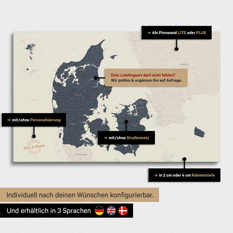 Diverse configuration options for a Denmark map as a Navy Light Push Pin Map
