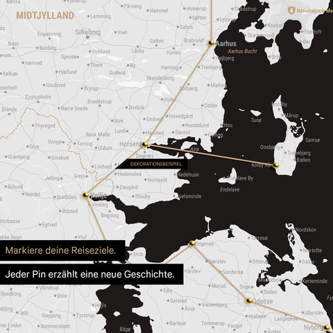 Detailed map of Denmark as a black-and-white pinboard canvas, featuring travel destinations in Central Jutland marked with pins and a travel route depicted with string