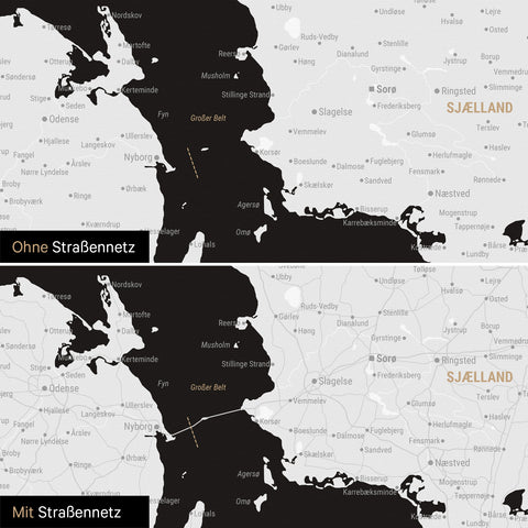 Denmark Map Push Pin Map in black and white with optional printed road network of motorways and country roads