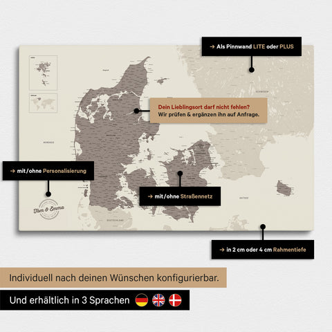 Mange konfigurationsmuligheder for et Danmarkskort som Lærred til nåle i farven Warmgray (brungrå)
