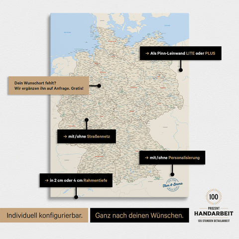 Vielfältige Konfigurationsmöglichkeiten einer Deutschland-Karte als Pinn-Leinwand in Multicolor Classic