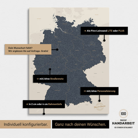Vielfältige Konfigurationsmöglichkeiten einer Deutschland-Karte als Pinn-Leinwand in Navy Light