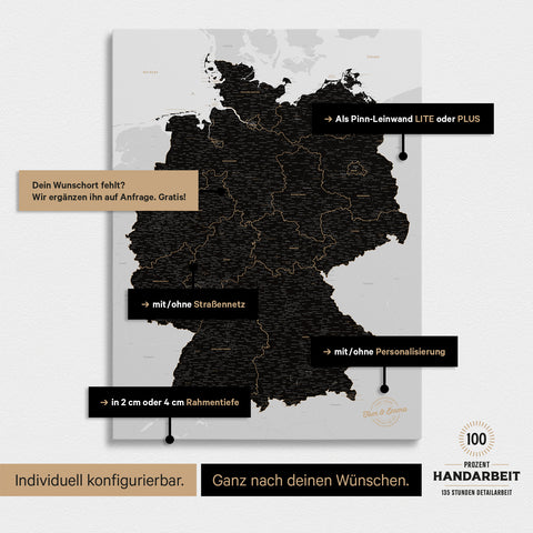 Vielfältige Konfigurationsmöglichkeiten einer Deutschland-Karte als Pinn-Leinwand in Light Black