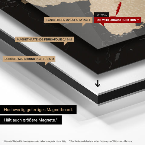 Deutschland-Karte auf magnethaftende Ferro-Folie gedruckt, auf Alu-Dibond-Tafel geklebt und mit UV-Schutz kaschiert