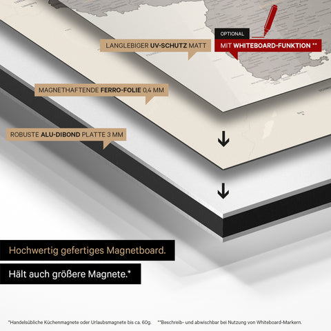 Deutschland-Karte auf magnethaftende Ferro-Folie gedruckt, auf Alu-Dibond-Tafel geklebt und mit UV-Schutz kaschiert