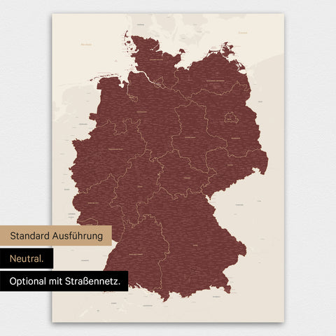 Neutrale und schlichte Ausführung einer magnetischen Deutschland-Karte in Bordeaux Rot