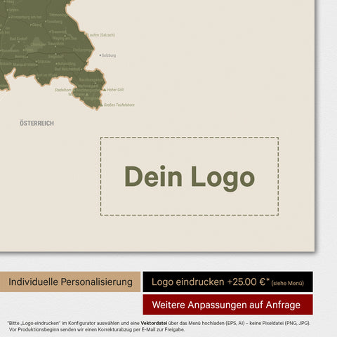 Weltkarte als Deutschland-Karte in Olive Green mit Eindruck eines Firmenlogos
