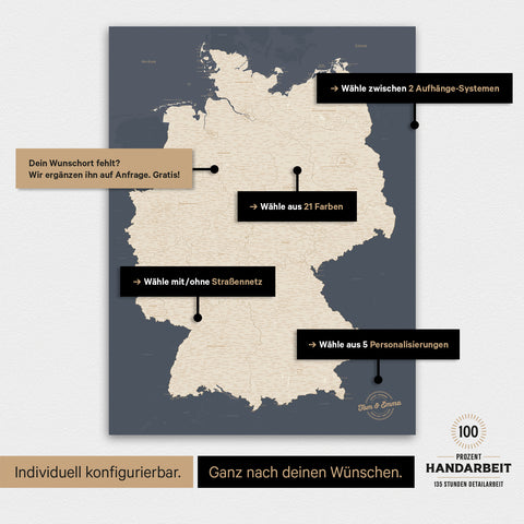 Übersicht über die vielfältigen Konfigurationsmöglichkeiten einer magnetischen Deutschland-Karte als Magnetboard in Hale Navy, von der Auswahl des Aufhänge-Systems über Farben bis zum Detailgrad